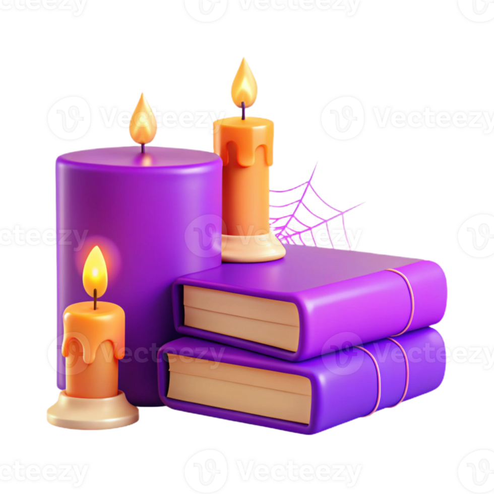 Purple Candles and Stacked Books with a Web png