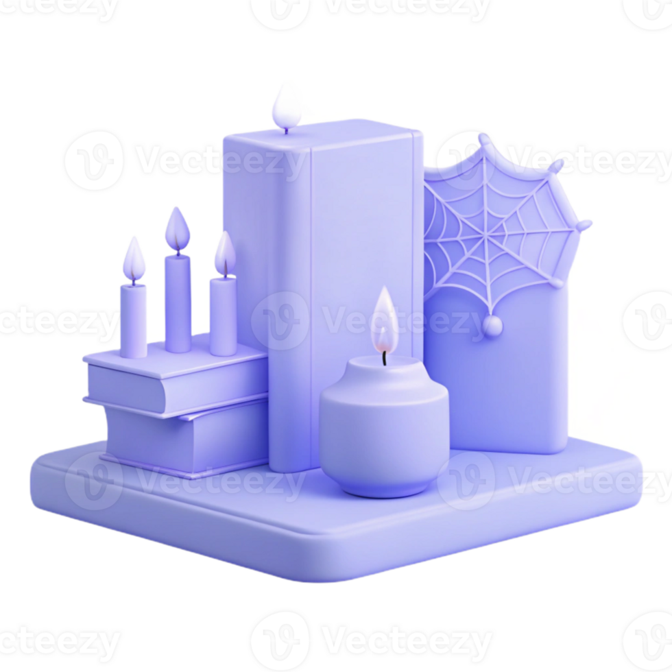 Purple 3D Render of a Book, Candles, and a Spider Web png
