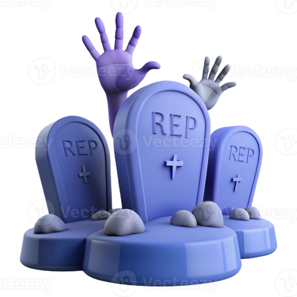 Spooky 3D Graveyard Illustration with Gravestones and Hands Emerging png
