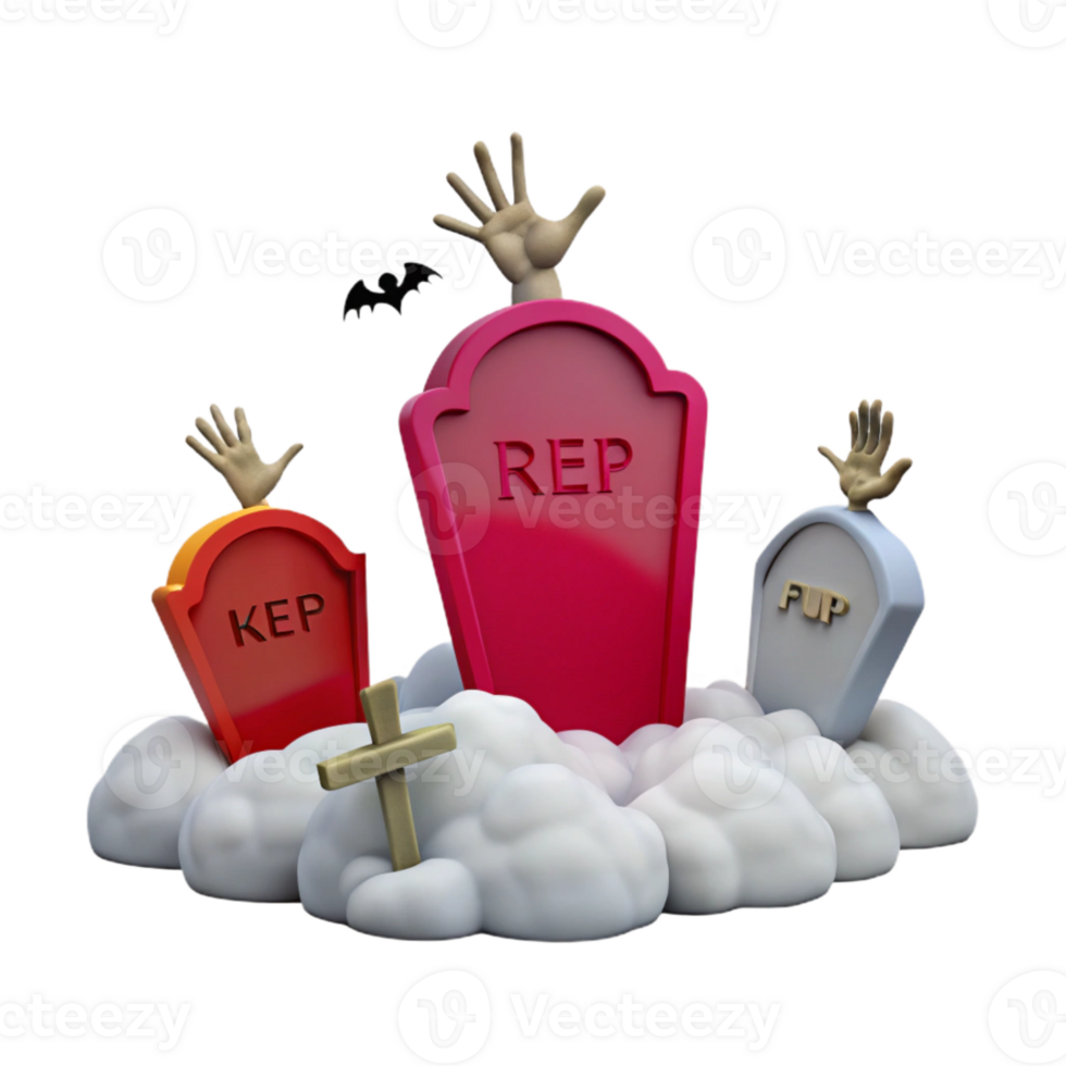 Spooky 3D Gravestone Illustration with Hands Reaching Out of the Ground png