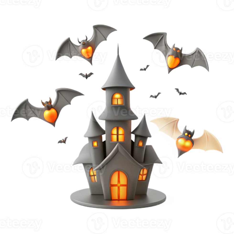 Haunted House with Bats and Glowing Windows png