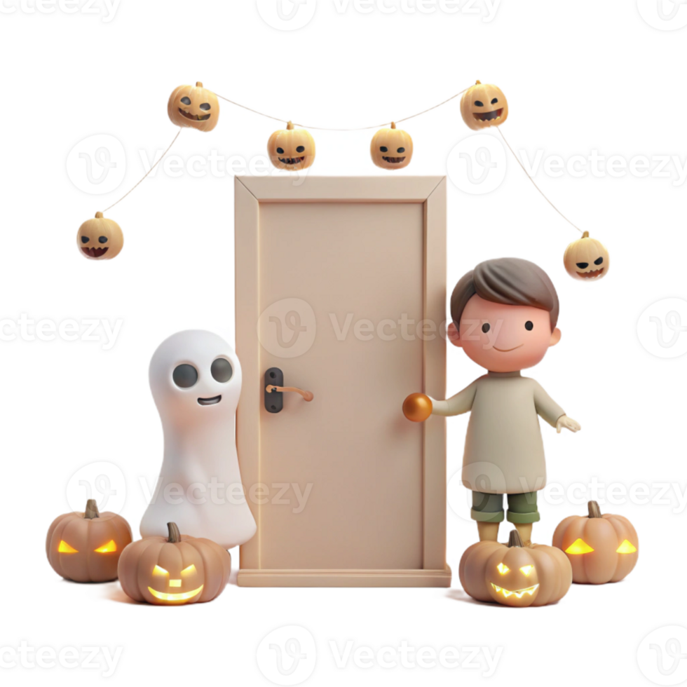 3D Cartoon Illustration of a Ghost and a Boy Trick-or-Treating on Halloween png