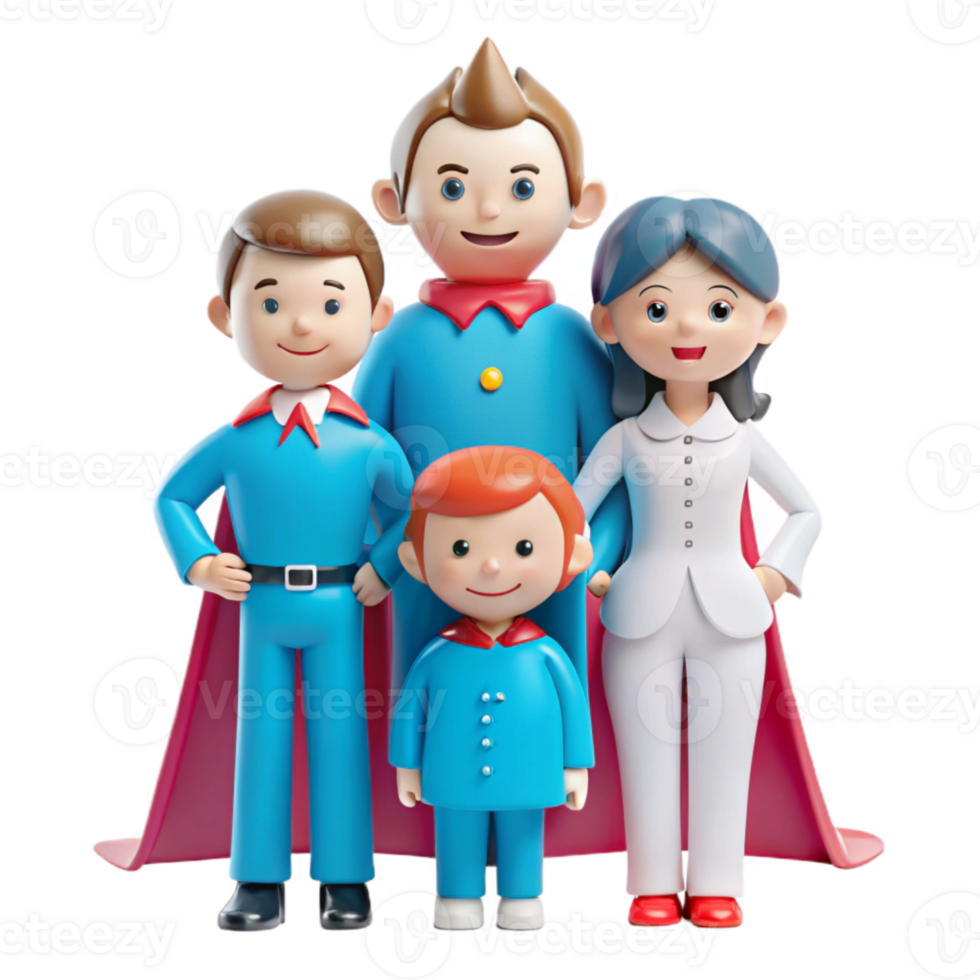 Smiling Family of Four in Blue and Red Outfits png