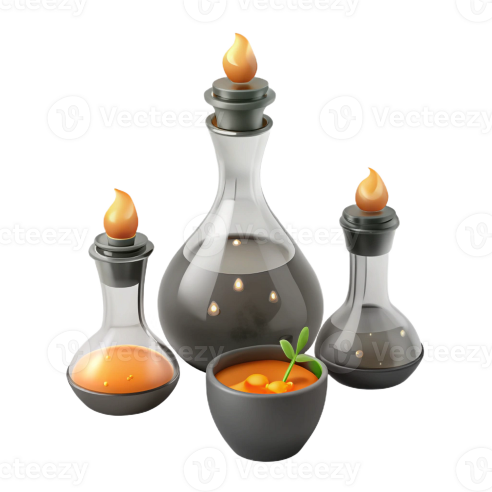 Glass Bottles with Orange Liquid and Flames png