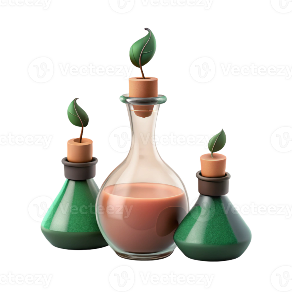 Three Glass Bottles with Green Leaves on Top png