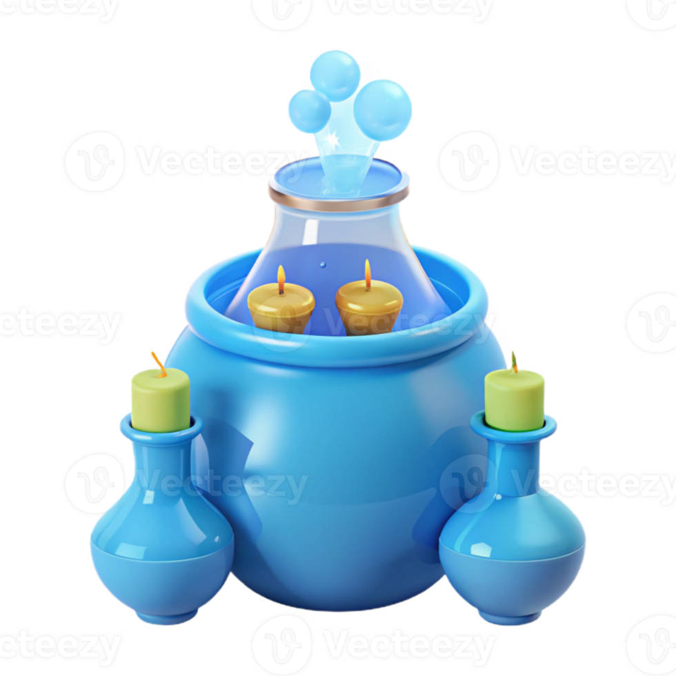 Blue Pot with Candles and Bubbling Liquid png