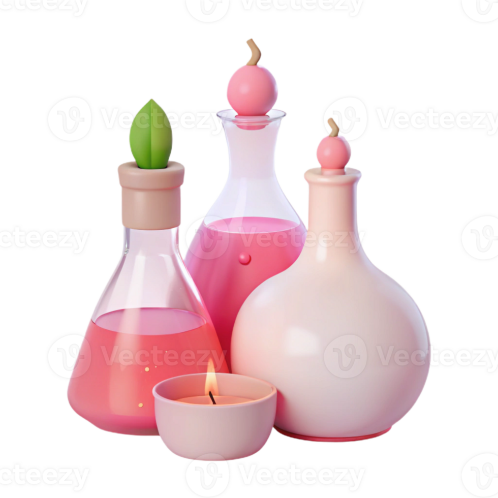 Pink Glass Bottles with Candle and Green Leaf png