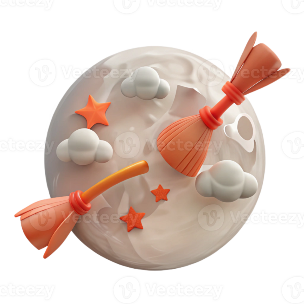 3D Render of Broomsticks, Clouds, and Stars on a Round Surface png