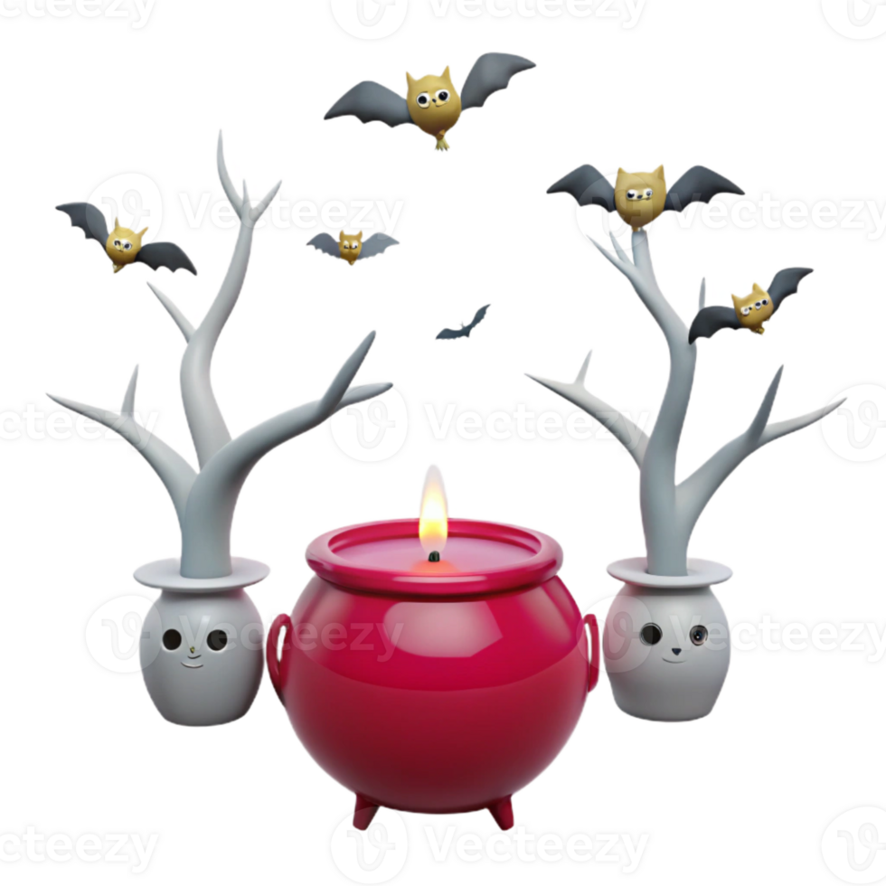 Spooky Halloween Scene with Bats, Trees, and a Cauldron png