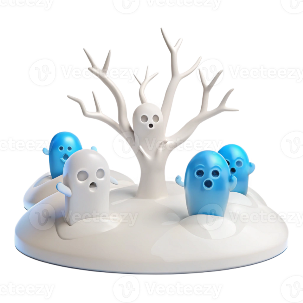 3D Render of Spooky Ghosts Around a Tree png