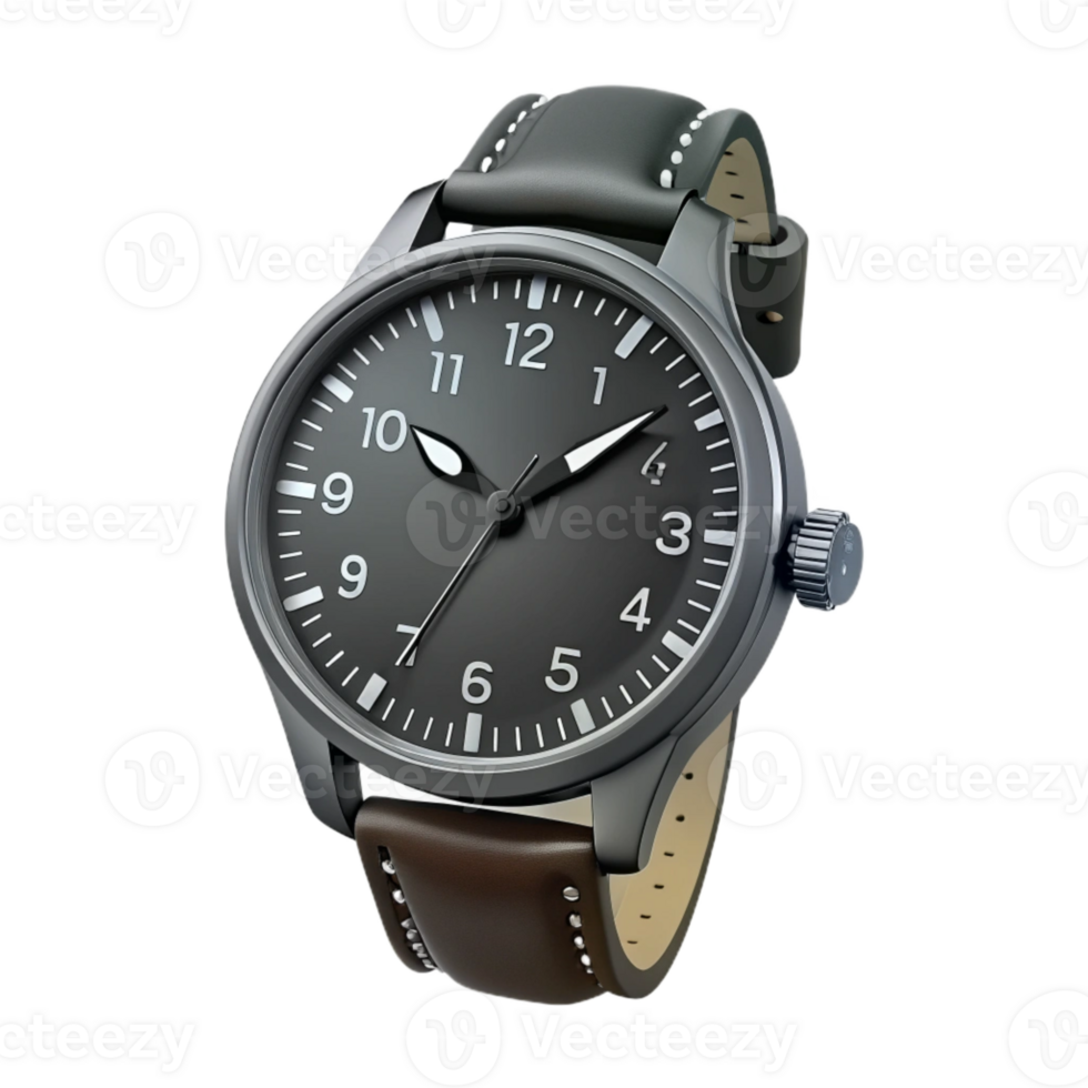 Black Pilot Watch with Brown Leather Strap png