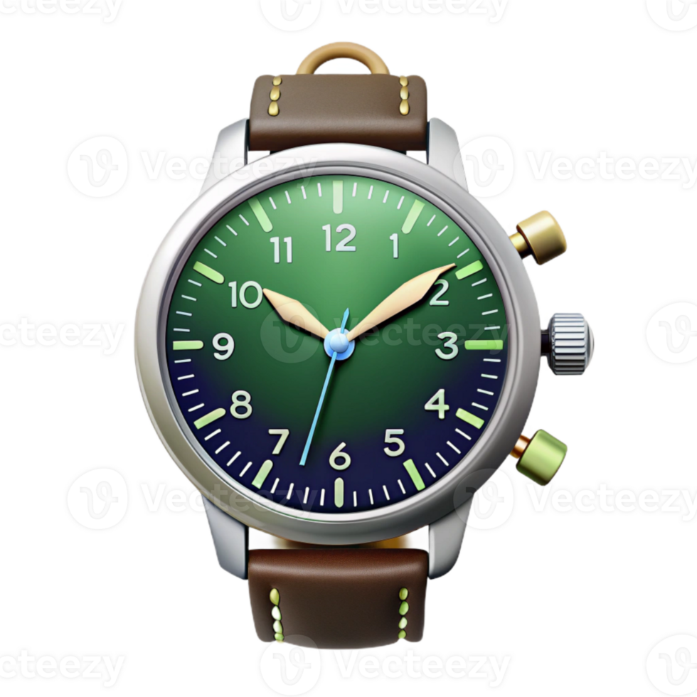 Green Dial Pilot Watch with Brown Leather Strap png