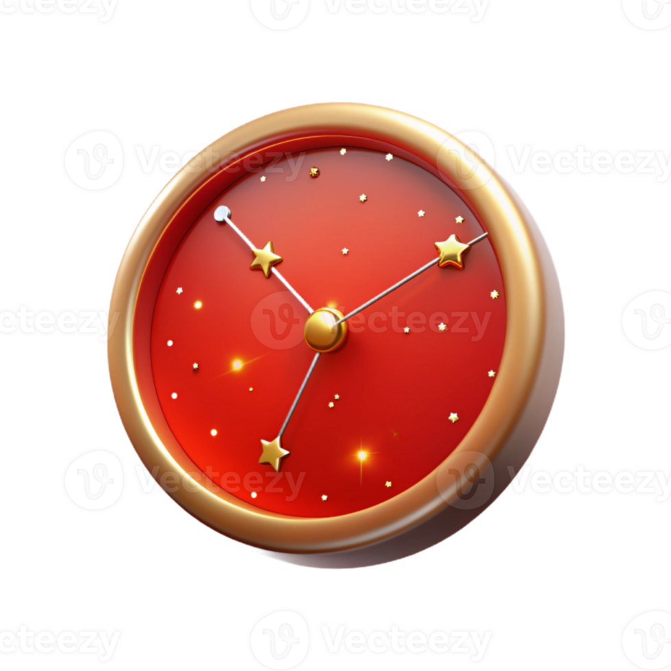 Red Clock with Gold Stars and Time png