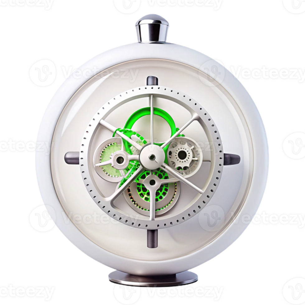 White Spherical Clock with Visible Gears and Green Accents png