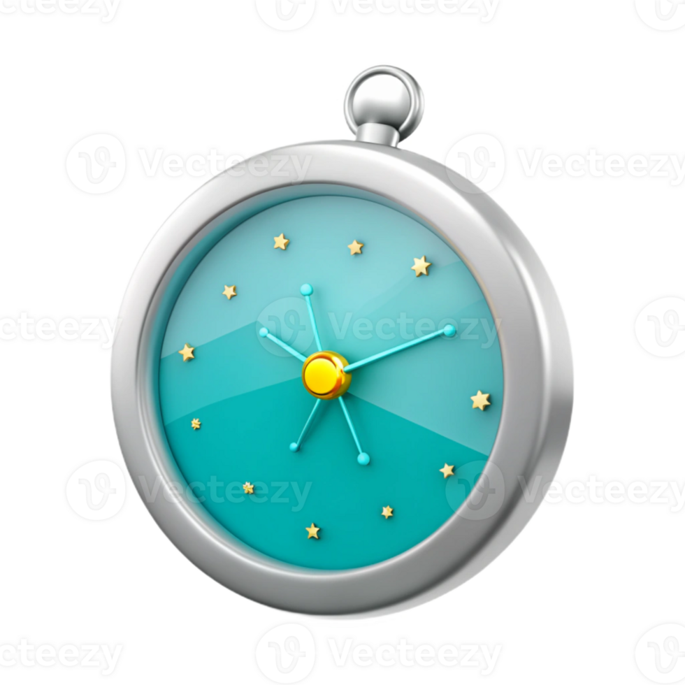 3D Render of a Teal and Gold Clock with Stars png
