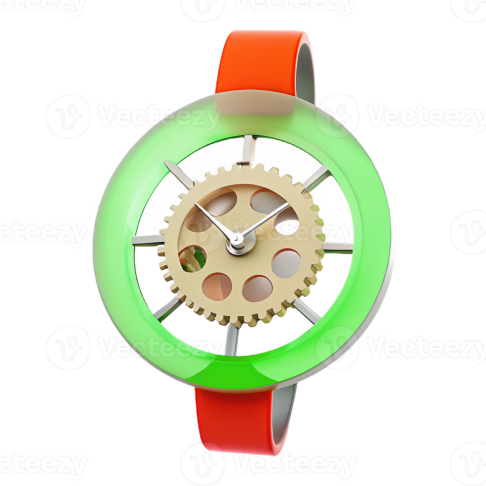 Unique Gear-Driven Circular Watch with Green Glass Face and Red Strap png