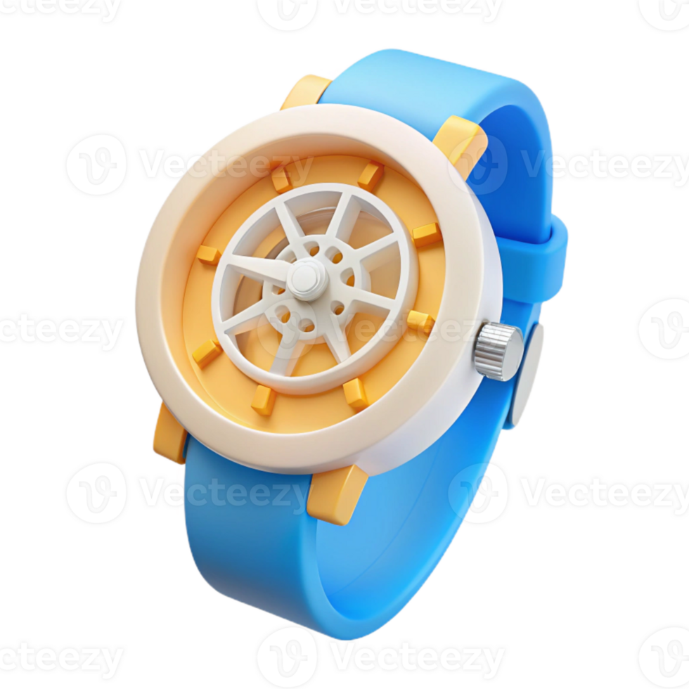 3D Cartoon Wristwatch with Blue Strap and Yellow Bezel png