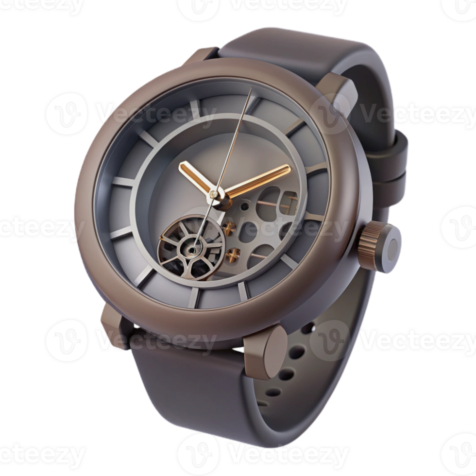 Open Heart Mechanical Watch with Brown Strap png