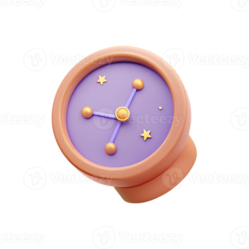 3D Render of a Purple Clock with Gold Stars png