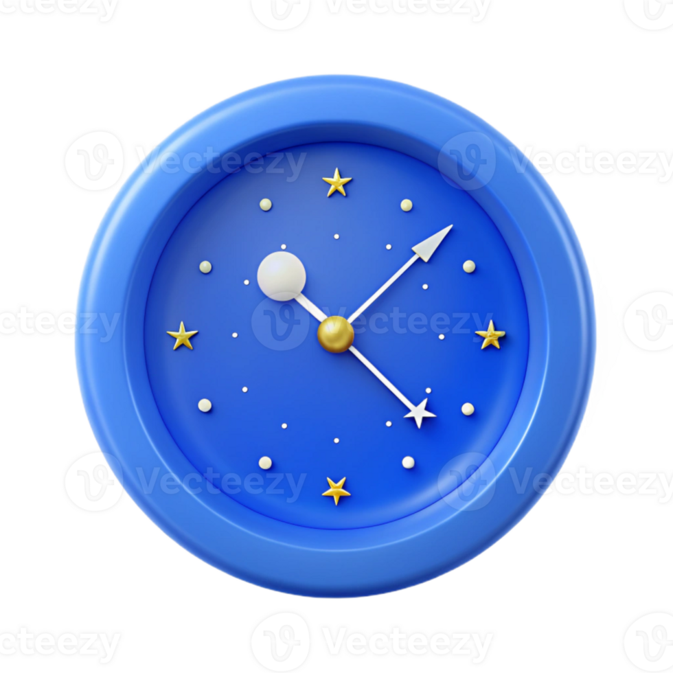Blue Clock with Gold and White Hands and Stars png