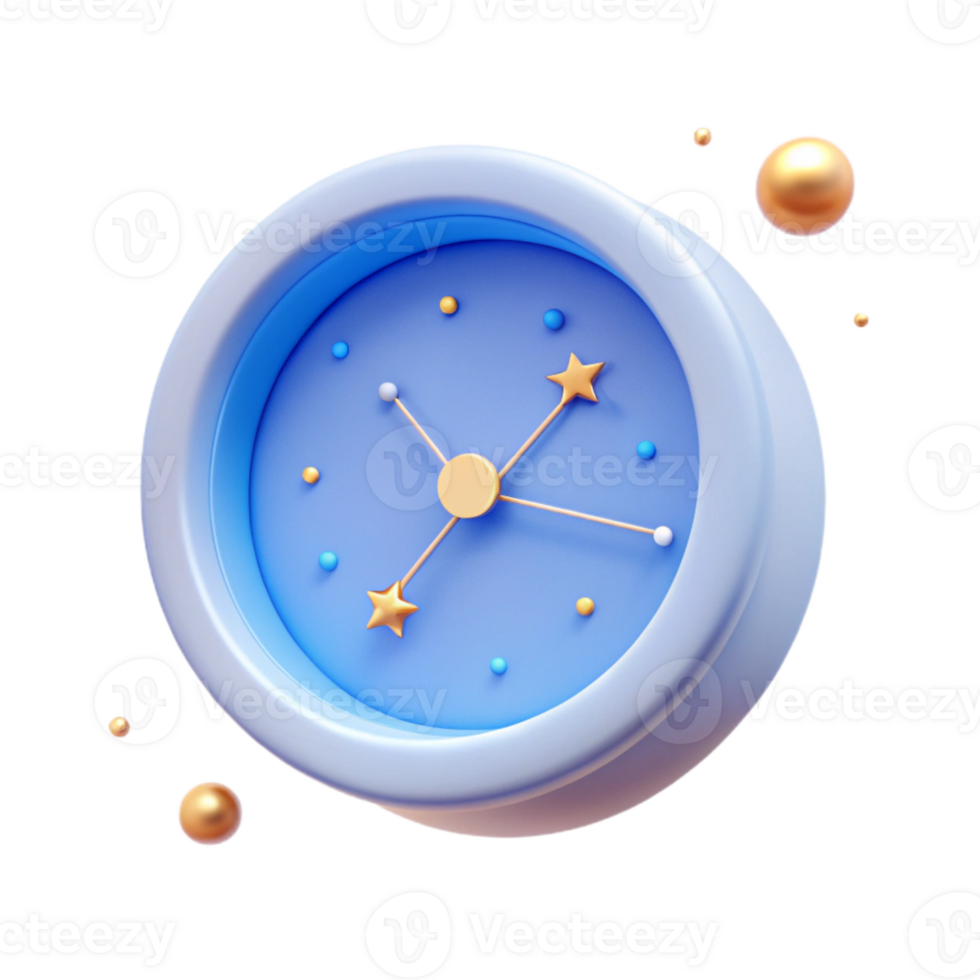 3D Render of a Blue Clock with Gold Stars png
