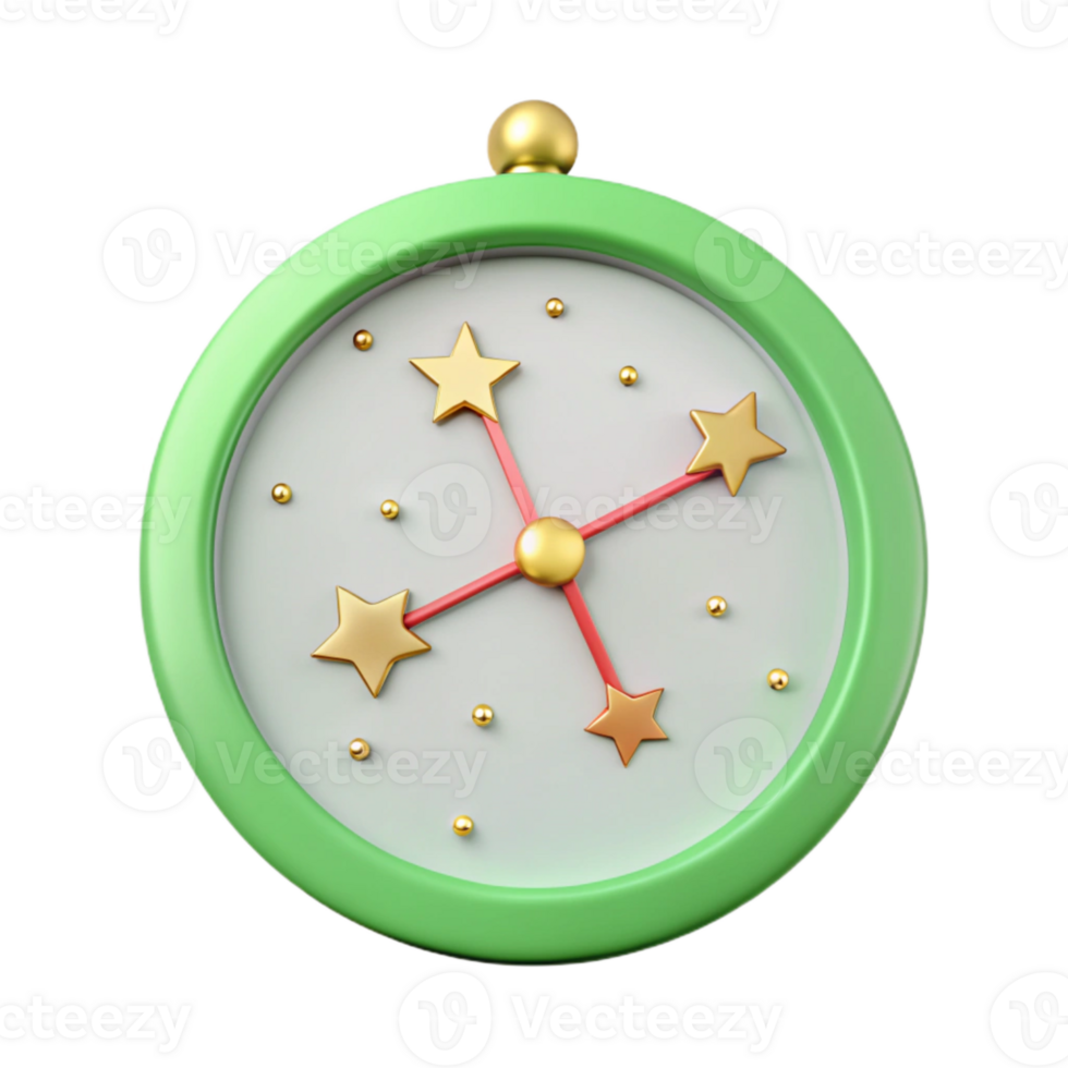 3D Render of a Green Clock with Gold Stars png