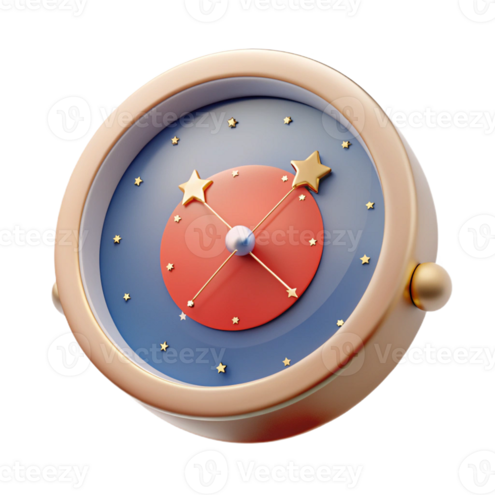 3D Rendered Clock with Stars and Red Circle png