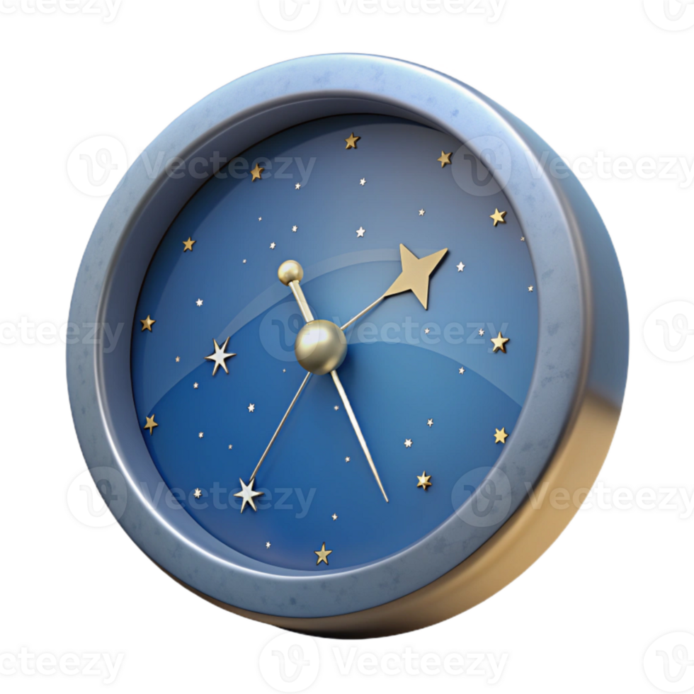 Blue Clock Face with Gold Stars and Hands png