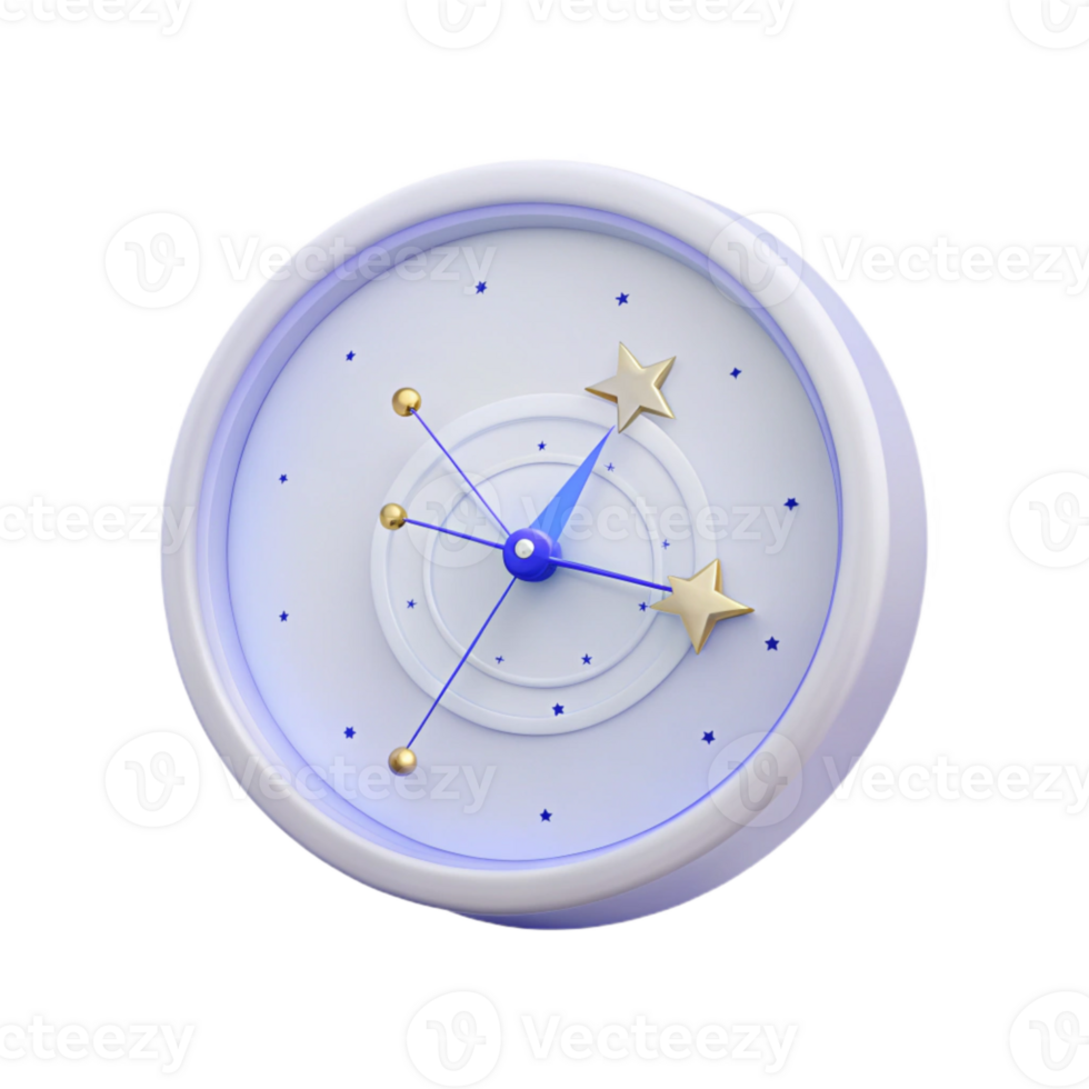 3D Render of a White Clock Face with Blue Hands and Golden Stars png
