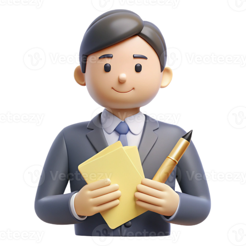 3D Illustration of a Businessman Holding Documents and a Pen png