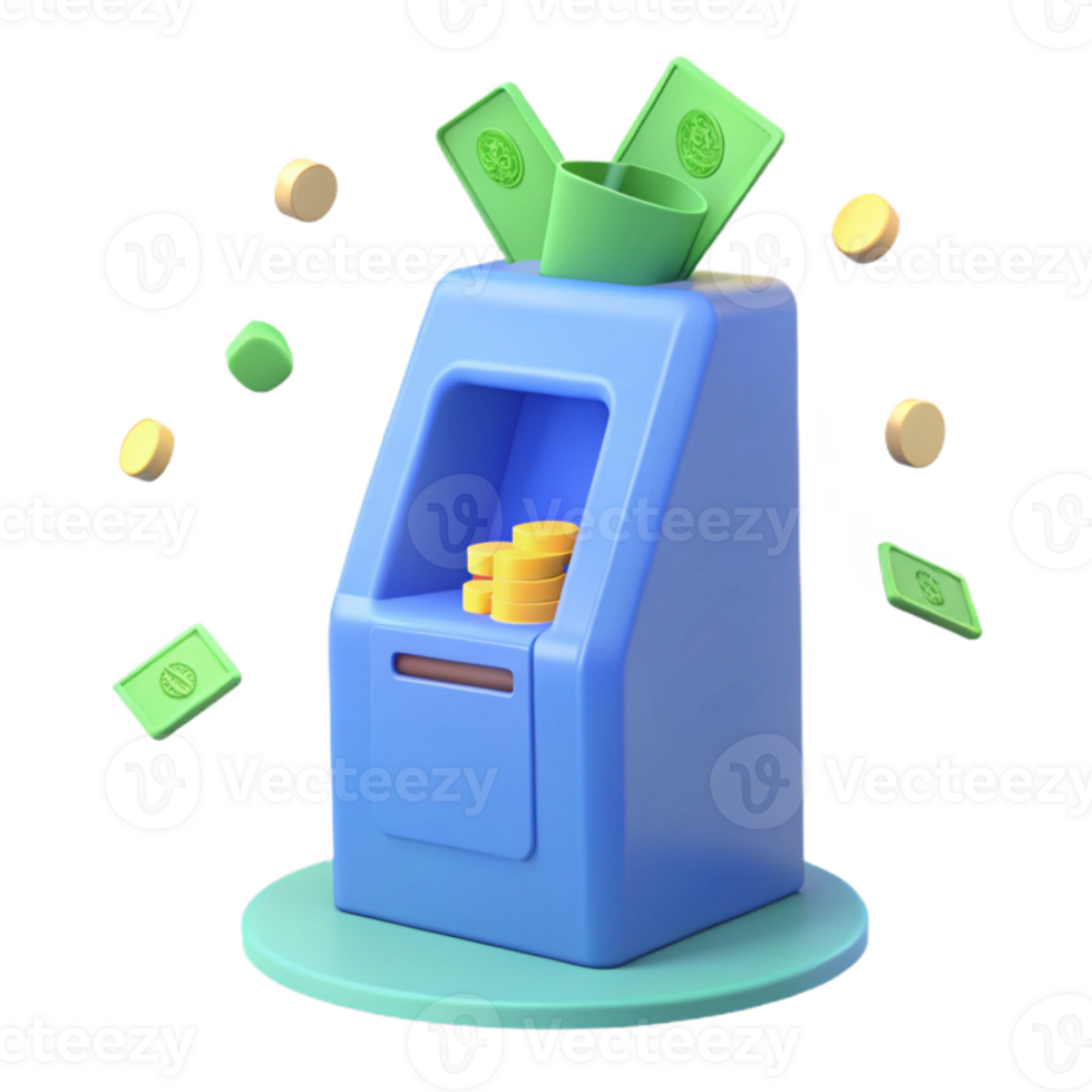 3D Render of an ATM Machine with Cash and Coins png