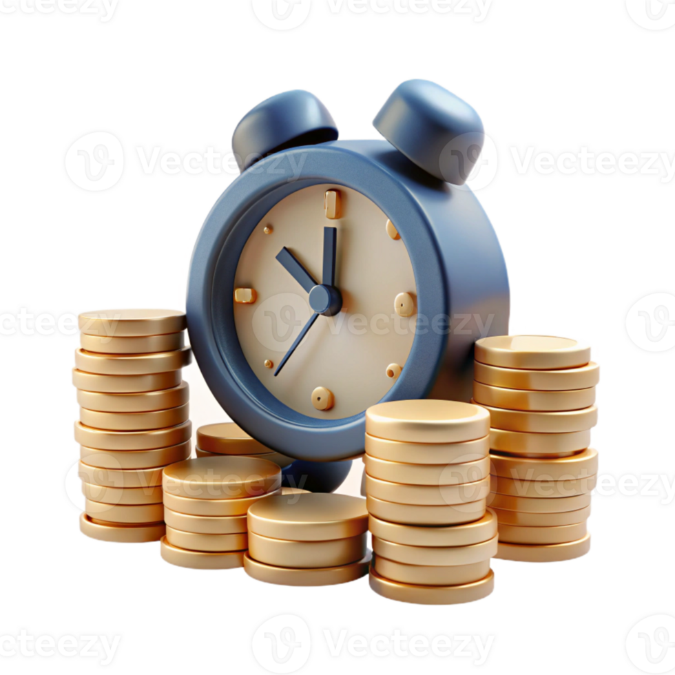 Time Is Money Clock and Stacks of Coins Illustration png