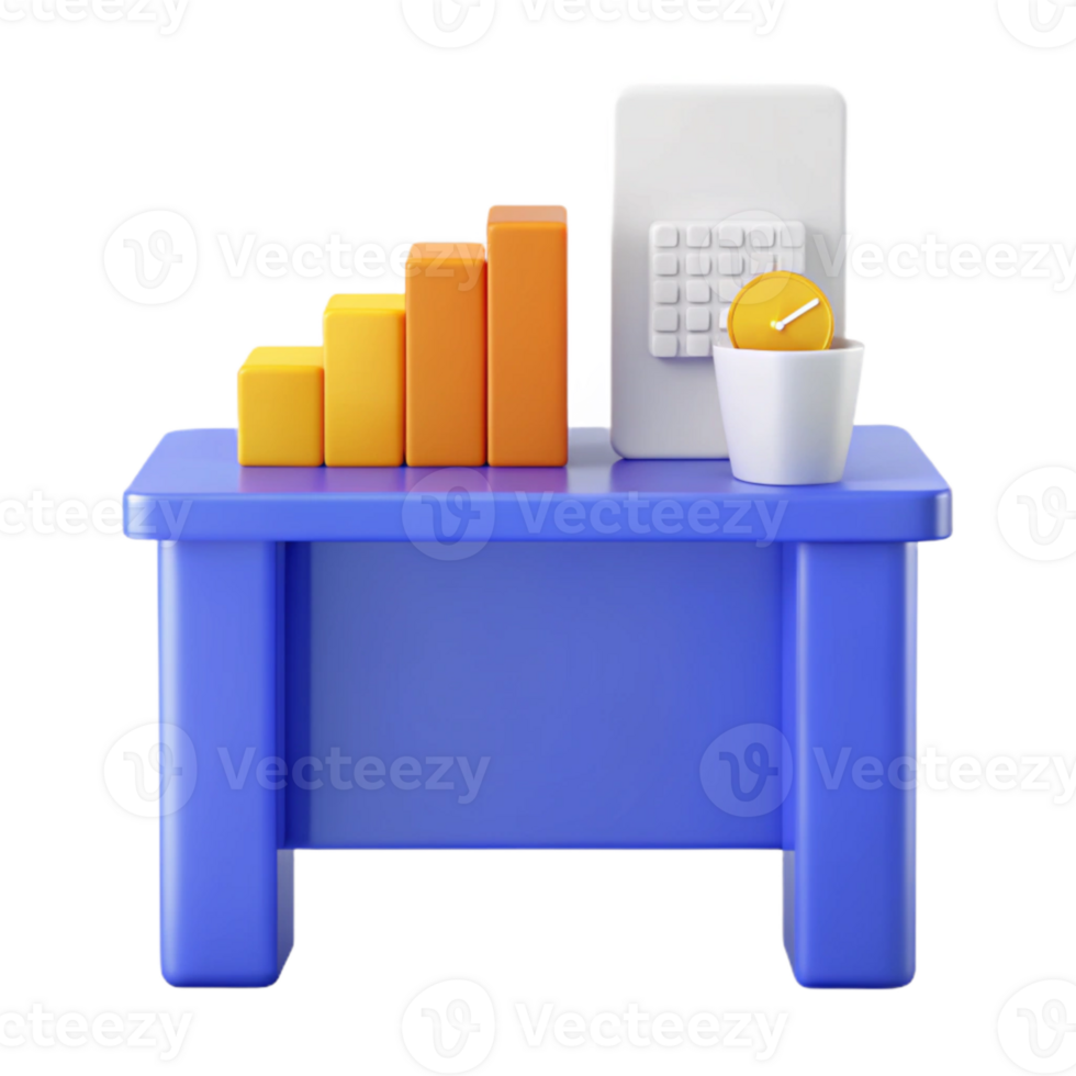 3D Render of a Desk with a Bar Graph, a Calendar, and a Clock png
