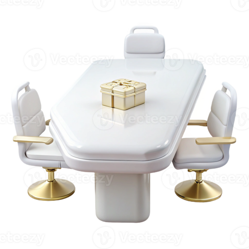 White Table with Gold Gift Box and Chairs png
