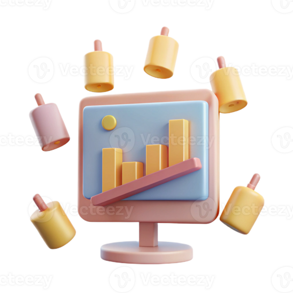 3D Rendered Graphic of a Bar Chart with an Upward Trend and Surrounding 3D Cylinders png