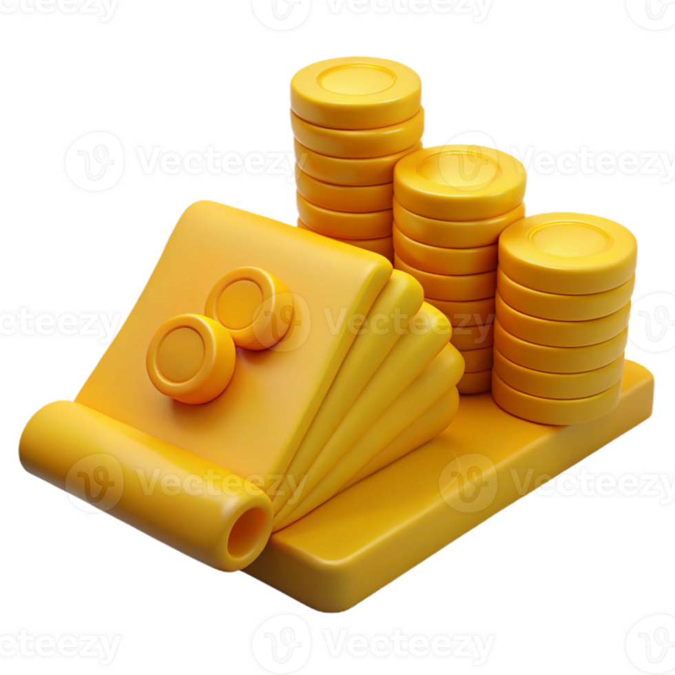 3D Render of Stacked Gold Coins and a Book png