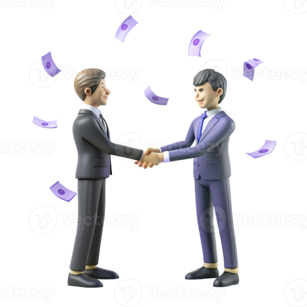 Successful Business Partnership Two Men Shaking Hands Amidst Falling Money png