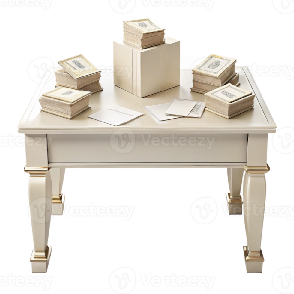 White Table with Golden Accents and Stacked Books png