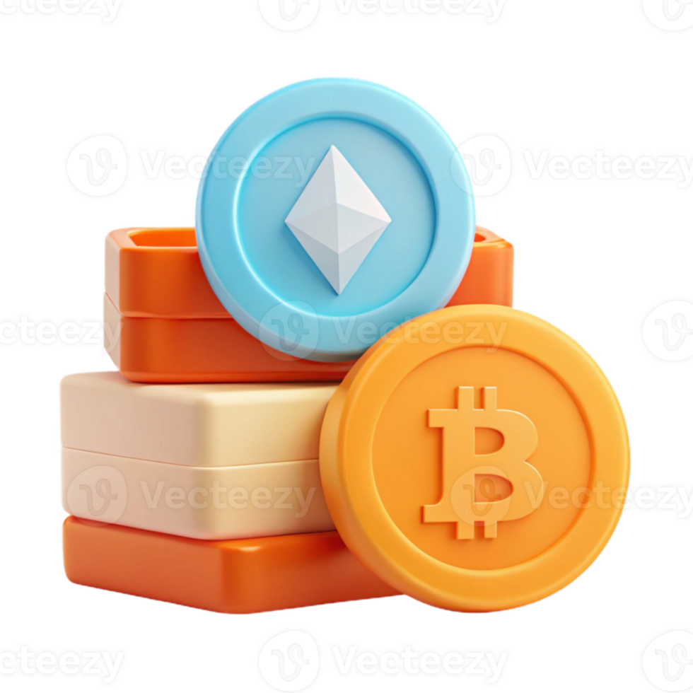Cryptocurrency Coins Stacked Bitcoin and Ethereum 3D Render png