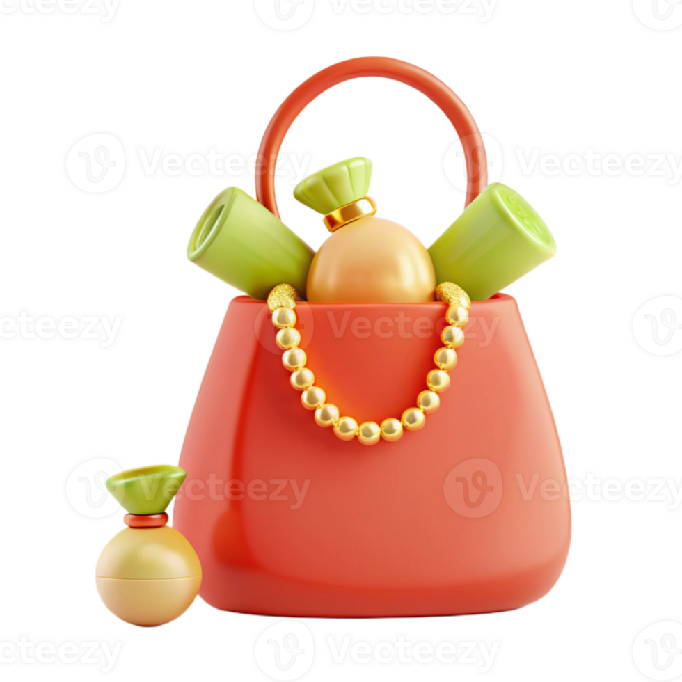 Red Handbag with Gold Jewelry and Bottles png