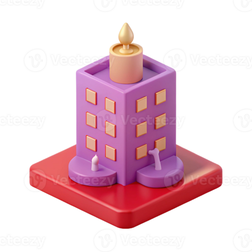 3D Render of a Purple Building with a Gold Candle on Top png