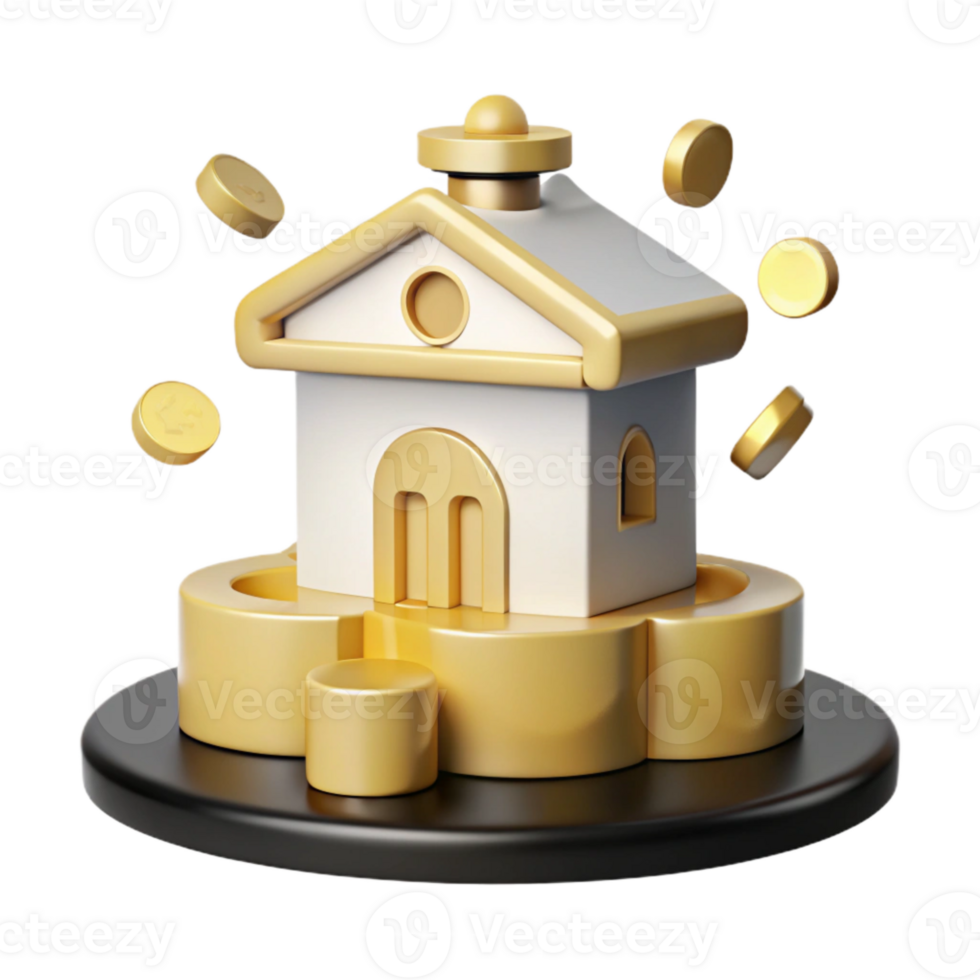 3D Render of a House on a Gold Platform with Coins Falling png