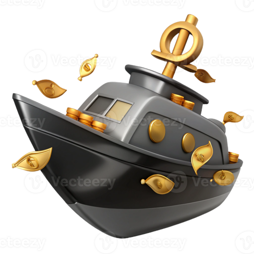 Golden Boat with Coins and a Symbol on Top png
