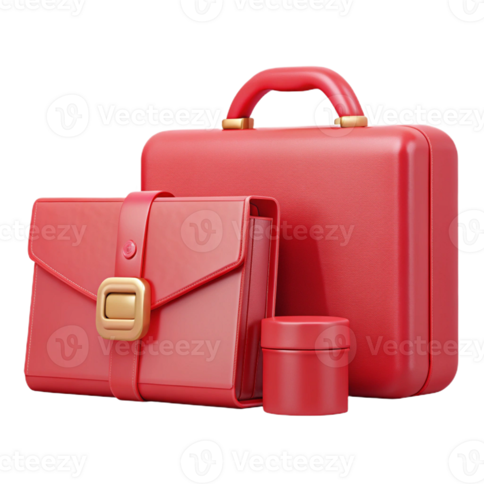 Red Leather Briefcase, Clutch, and Round Case Set png