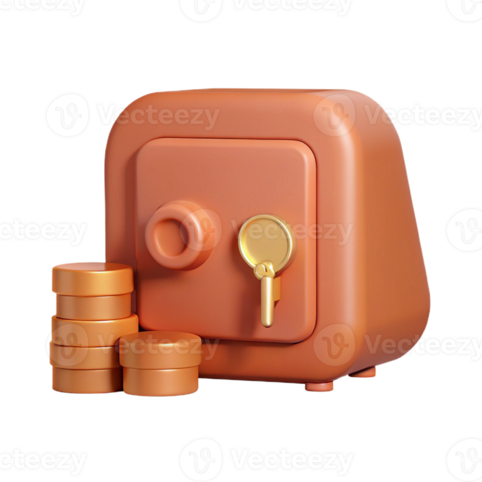 3D Rendered Safe with Gold Key and Stacked Coins png