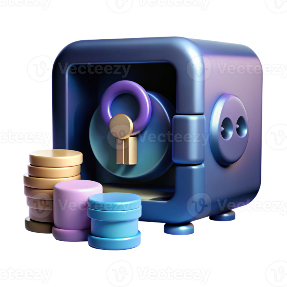 3D Render of a Blue Safe with Coins and a Keyhole png