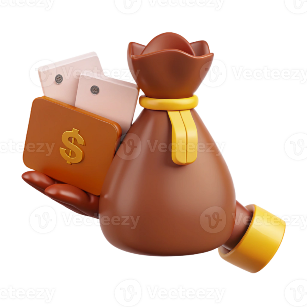3D Render of Hand Holding Money Bag and Wallet png