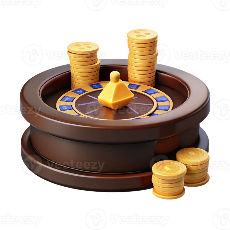 3D Render of a Casino Roulette Wheel with Stacks of Gold Coins png