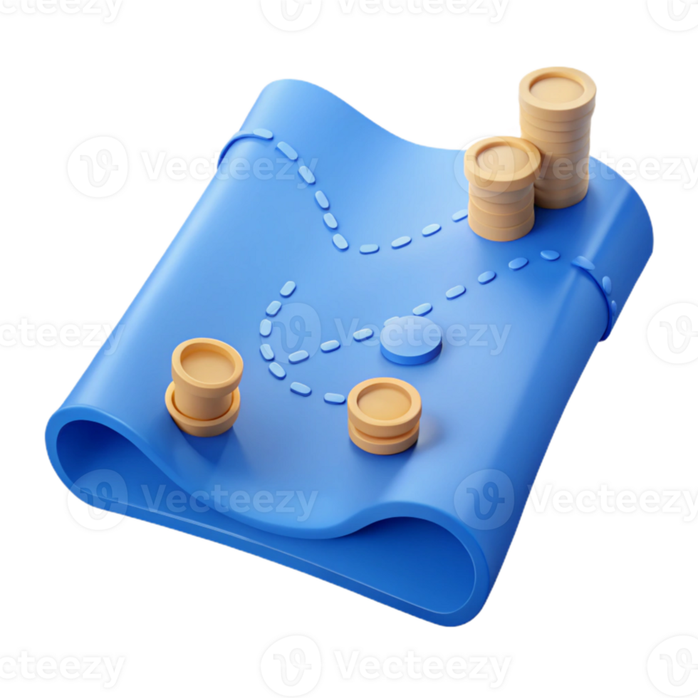 3D Rendered Treasure Map with Coins and a Dotted Path png
