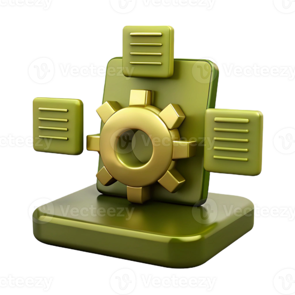 3D Illustration of a Gold Gear with Green Bars and a Platform png